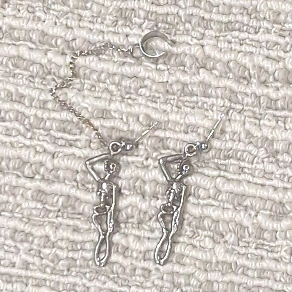 SILVER TONE SKELETON DANGLE HOOK EARRINGS WITH EAR CUFF CHAIN